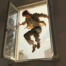 A character jumping through a window to escape his pursuant, digital painting, concept art, artstation