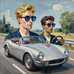 “an cubist hyper realistic painting of two men, a tall blond man and a dark haired man driving in a fast car, wearing blue glass monocles, By Picasso.”