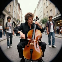 Bob Dylan playing a cello on the streets, Karlkka, Jayison Devadas, Phuoc Quan, trending on Artstation, 8K, ultra wide angle, pincushion lens effect
