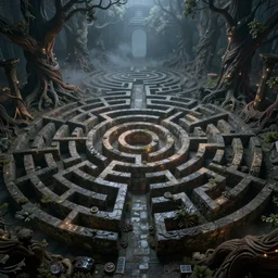 dense labyrinth maze of gnarled stone and trees, mist, night, volumetric lighting, 8 k octane beautifully detailed render, post - processing, extremely hyper - detailed, intricate, epic composition, cinematic lighting, intricate, trending on artstation, stunning art by caravaggio, wonderful masterpiece by simonetti