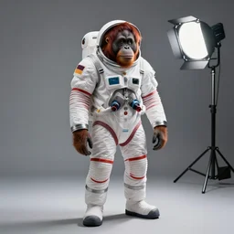 studio photo still of a full body orangutan in a space suit, 8 k, studio lighting, key light from right side,