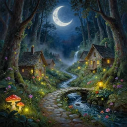 painting, high detail, woodland village, in the night, fantasy, crescent moon, stone paths, bridge, water stream, luminous, toadstools, fireflies, fantasy,, flowers, waterfall, lanterns, mist, highly detailed painting, fine lines, 8 k realistic, sharp focus