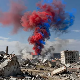 politics, destroyed landscape and buildings, dystopian, war, real, red and bright blue smoke, highly detailed 8k, documentary