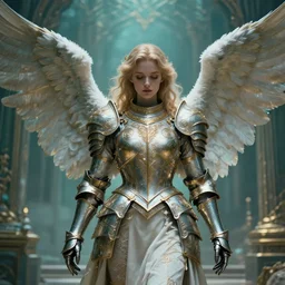 one angel, big wings, low key light, full plate armor with cloth, f 2. 8, bokeh, extreme close up portrait, gentle, female, ornate city ruins, landscape, d & d, fantasy, intricate, elegant, highly detailed, teal white gold color palette, roger deakins, sharp focus, concept art, greg rutkowski and alphonse mucha