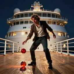 a man tripping balls on acid and completely losing touch with reality on a cruise ship, scared, nighttime