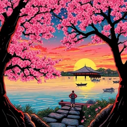 sakura sunset illustration, pop art, splash painting, art by geof darrow, ashley wood, alphonse mucha