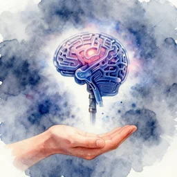 humanity handing over the baton to artificial intelligence, watercolor painting,