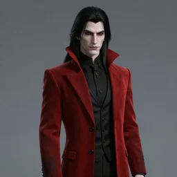 a pale vampire, male, mid - 3 0 s, long black hair, clean shaven, dressed formally in red and black, highly detailed, concept art, smooth, sharp focus, unreal engine 5, 8 k.