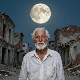 old white - headed man under the huge moon on a street of ruined city by phoebe dickinson