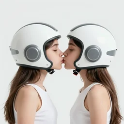 portrait of  two girl kissing each other and wearing a futuristic helmet by Petros Afshar and Beeple, James Gilleard, Mark Ryden, Wolfgang Lettl highly detailed