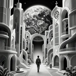 of a highly insane details of a photo of abstract architecture mixing between real and fake worlds, black and white color, walking towards planet earth in background, art nouveau, futuristic background, heavily detailed, intricate artwork by tooth wu, high contrast, sharp focus, black point, blender, depth of field, aperture, 8 0 k,