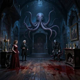 gothic mansion trophy room, wooden floor, blood, darkness, evil, creepy, science, 1 9 century, hard atmosphere, lovercraft, insmouth, tentacles, artwork, paint, blue tones, detailed, by bastien lecouffe deharme, by jeremy mann, by alexander fedosav