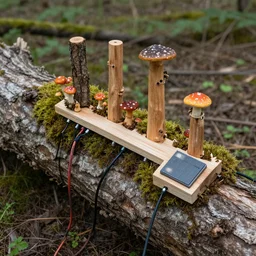 a nature photograph of a biological roland sp 4 0 4 sampler made out of bark, wood, colorful mushrooms and moss growing out of a fallen log. knobs, cables and square drum pads