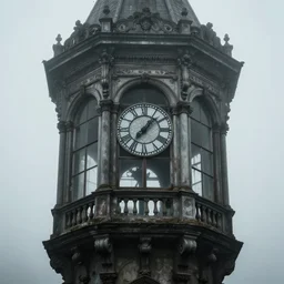 detailed photograph of intricate old clock tower bay windows abandoned spooky misty ominous well defined