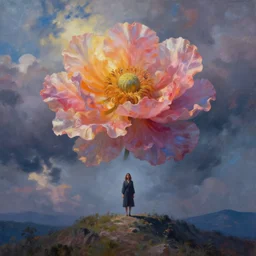 giant flower head, frontal, woman standing on mountain, surreal photography, stormy sky, colorful clouds, impressionist painting, digital painting, artstation, rob gonsalves