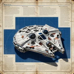 blueprint of the millennium falcon, detailed, infographic, structured writings, space grid, old manuscript, in style of h. r. da vinci giger