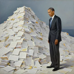 obama nervously standing next to a mountain made of papers, oil on canvas, intricate, 8 k highly professionally detailed, hdr, cgsociety