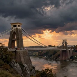 a landscape painting of clifton suspension bridge, bristol, united kingdom, sunset, stormy sky, dramatic lighting, epic scene, hyper realistic, highly detailed, photorealistic, by richard estes