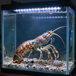 cybernetic mantis shrimp inside an aquarium with led lights, sci-fi, realistic