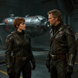 ps 5. cargo bay. hank hill as commander shepard discussing the possibilities of propane tank based spaceship propulsion within the ssv normandy in mass effect 2. mid - conversation portrait. dim bg. cutscene. hd.