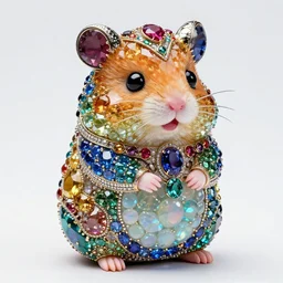 cute hamster statue made of rainbow gems, full body portrait, made of large rainbow gems, ornate gemstones, ruby sapphire emerald opal onyx, hamster is large gems, gem hamster, artgerm, realistic, roger deakins, greg rutkowski, jewelry hamster