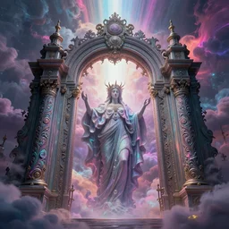 [ palate ] [ nebulous energy ] [ muted neon colors ] intricate giant victorian style gateway to purgatory, paisley cloud pattern, god at the gate, award winning composition, vibrant neon nebulous clouds, symmetrical details, hyper realistic illustration, radiant light rays, photorealistic illustration, intricate and fine details, volumetric lighting, artstation