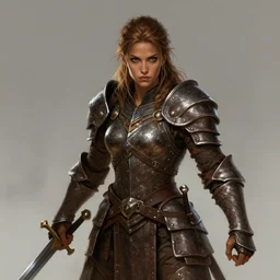Female barbarian, heavy brown metallic armor, swords, gorgeous and beautiful, light brown messy hair, dark skin, brown eyes, detailed face, battle stance, high fantasy, extremely detailed, alone, DND, D&D, matte painting, by wlop and peter mohrbacher, trending on artstation, artstationHD, artstationHQ, cgsociety