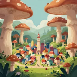 a little city in a giant mushroom forest in the style of Tuomas Korpi concept art, 4K, UHD, High quality, Trending on Artstation HQ