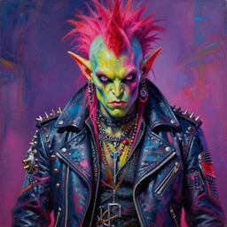 portrait of a scifi apocalyptic demonic orcish goblin punk rock heavy metal biker character, cool pose, psychedelic vibrant colors, futuristic punk rock fashion, oil painting by michael whelan art, sharp focus, realistic, detailed eyes, 8 0 s hair, studded leather jacket, 8 k