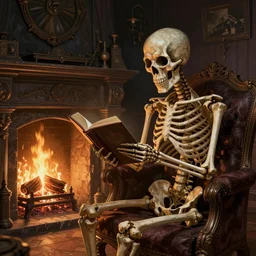 concept art, skeleton reading the book near fireplace, detailed and intricate environment, by greg rutkowski, 4 k