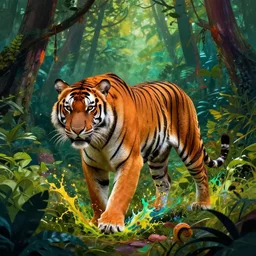 tiger in a jungle splash art graphic design color splash high contrasting art, fantasy, highly detailed, art by greg rutkowski