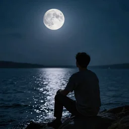 a man siting in front of water looking at the moon light in the night