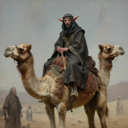 cinematic portrait of psychedelic goblin riding a camel wearing arab clothes, dark fantasy fetures, desaturated, tim hildebrandt, wayne barlowe, bruce pennington, donato giancola, larry elmore, oil on canvas, masterpiece, trending on artstation, featured on pixiv, cinematic composition, dramatic pose, beautiful lighting, sharp, details, hyper - detailed, hd, hdr, 4 k, 8 k