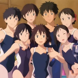 closeup posing together in leotards. by takashi takeuchi, yoshiyuki sadamoto, amagaitaro, makoto shinkai, krenz cushart, asao urata, pixiv