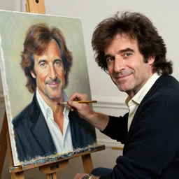 photograph of bob ross painting the portrait of richard simmons who is painting the portrait of art garfunkel