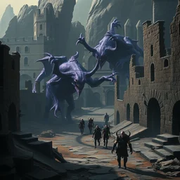 a medieval italian deserted town, huge purple slaanesh demons walking in the ruins, medium shot, atmospheric fantasy matte painting by eytan zana and ruan jia and boris vallejo, trending on artstation
