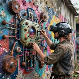 junky men doing graffiti on wall, cybertronic gadgets and vr helmet, durty colours, micro technology, rotten textures, rusty shapes, biotechnology, bao phan, tim hildebrandt, wayne barlow, bruce pennington, donato giancola, larry elmore, oil on canvas, mid shot, masterpiece, trending on artstation, featured on pixiv, cinematic composition, hyper - detailed, hd, hdr, 4 k, 8 k