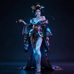 a full body of a cyberpunk geisha, asian motif, bioluminecent