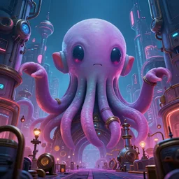 cute cyberpunk cthulhu in a steampunk city, deep colors, high field of view, bottom view