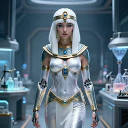 perfect white haired attractive egyptian goddess, warframe armor, beautiful, symmetric, dreamy, half asian, pretty face, blue eyes, charlize theron, detailed, scifi platform, laboratory, experiment, 4 k, ultra realistic, epic lighting, android body, illuminated, cinematic, masterpiece, art by akihito tsukushi, voidstar