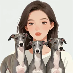 digital illustration close up wide portrait of a beautiful woman!!, blue whippets, simon stalenhag, chie yoshii, casey weldon, martine johanna, tim walker, harper's bazaar art fashion magazine, intricate, 8 k render in octane, sharp focus, dog photography, award winning landscape photography, artstation