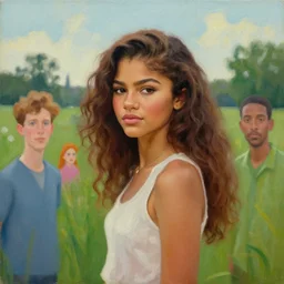 a beautiful scenic painting of a beautiful young woman that looks like zendaya by artgerm and wlop and wes anderson and spike jonze