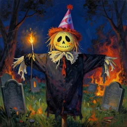 portrait photo still of a spooky scarecrow holding a match, wearing a birthday hat, in front of an old cemetery on fire at night, 8 k, painting by artgerm and greg rutkowski and alphonse mucha