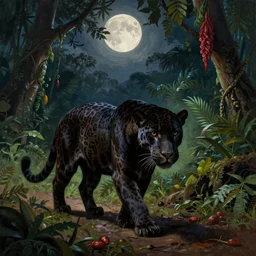 a beautiful matte painting of a black jaguar walking in the jungle at night, waling towards the camera, with full moon in the sky, ayahuasca, in the style of Pablo Amaringo