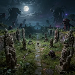 a photograph of an overgrown archeological site with demon statues, scary creatures, cosmic horror, sharp focus, cinematic, high angel distant shot, moonlight, detailed, 4 k, octane render, deviantart,