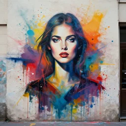 portrait in the city, beautiful female shape, rule of thirds, face symmetry, colourful spray paint splatters, expressive, abstract art, by greg rutkowski, by jeremy mann, by francoise nielly, 4 k, 8 k, correct body proportion, cinematic style, female shape shadow