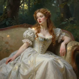 a queen of love sitting of a sofa in a forest, drawn by CloverWorks,