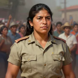 epic portrait of muscular rigoberta menchu wearing short sleeved uniform explaining, guatemalan crowd for background, detailed, digital painting, artstation, concept art, donato giancola, joseph christian leyendecker, wlop, boris vallejo, breathtaking, max resolution, extremely detailed, beautiful, establishing shot, artistic, hyperrealistic, beautiful face, octane render