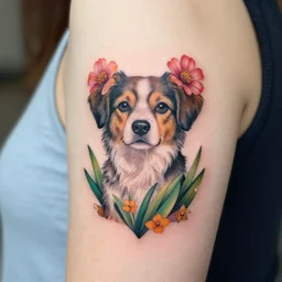 creative dog and flower tattoo art