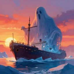 concept art by jama jurabaev, cel shaded, cinematic shot, trending on artstation, high quality, brush stroke, vibrant colors, sunset, a mysterious giant ghost ship trapped in the glacier